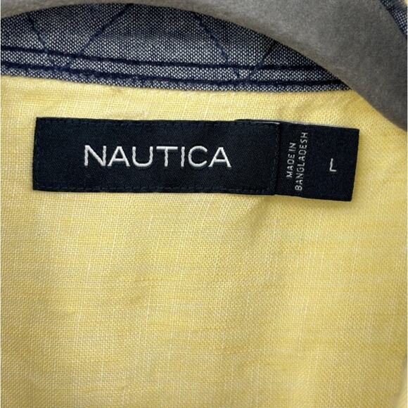 Nautica Linen Shirt Men Large Short Sleeve Button Down Yellow Minimalist Coastal - Picture 8 of 12